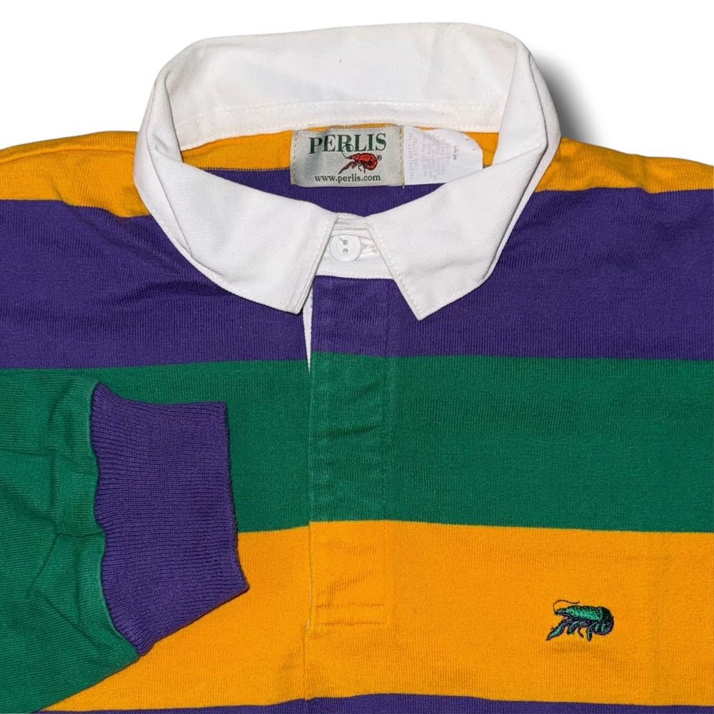 Perlis Mardi Gras Rugby Shirt Mens Large Purple Green Gold Striped Made in USA